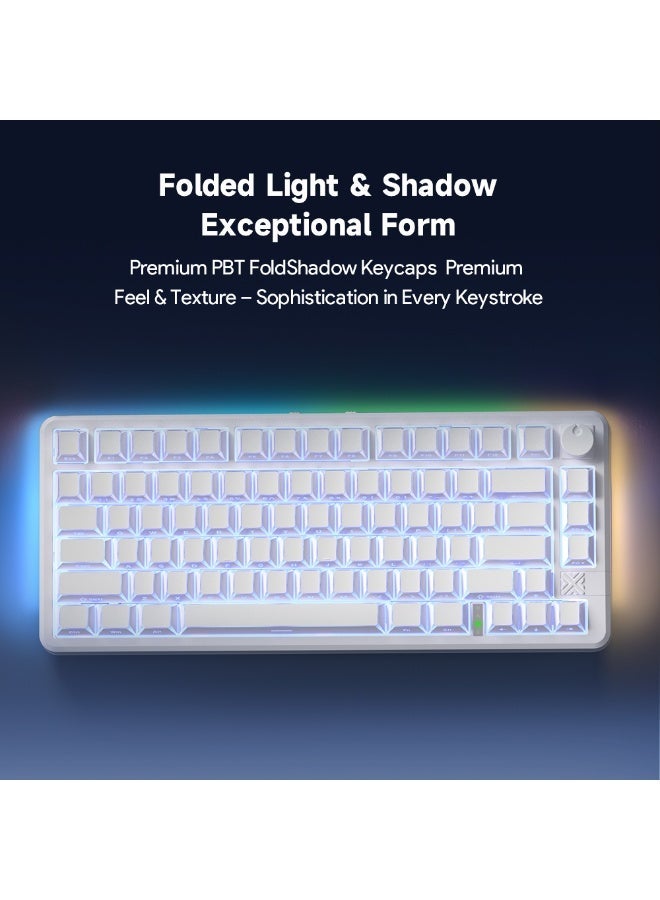 مكعب غاضب لوحة مفاتيح FC75 PRO الميكانيكية للألعاب مع إضاءة RGB، بثلاثة أوضاع اتصال: بلوتوث / لاسلكي 2.4 جيجاهرتز / سلكية عبر منفذ Type-C، بتصميم مدمج بنسبة 75% (80 مفتاحًا)، ومزودة بعجلة ذكية للتحكم، ومفاتيح من الفئة الأرجوانية (Purple Switch)، متوافقة مع أنظمة Windows وMac OS وAndroid. - Image 4