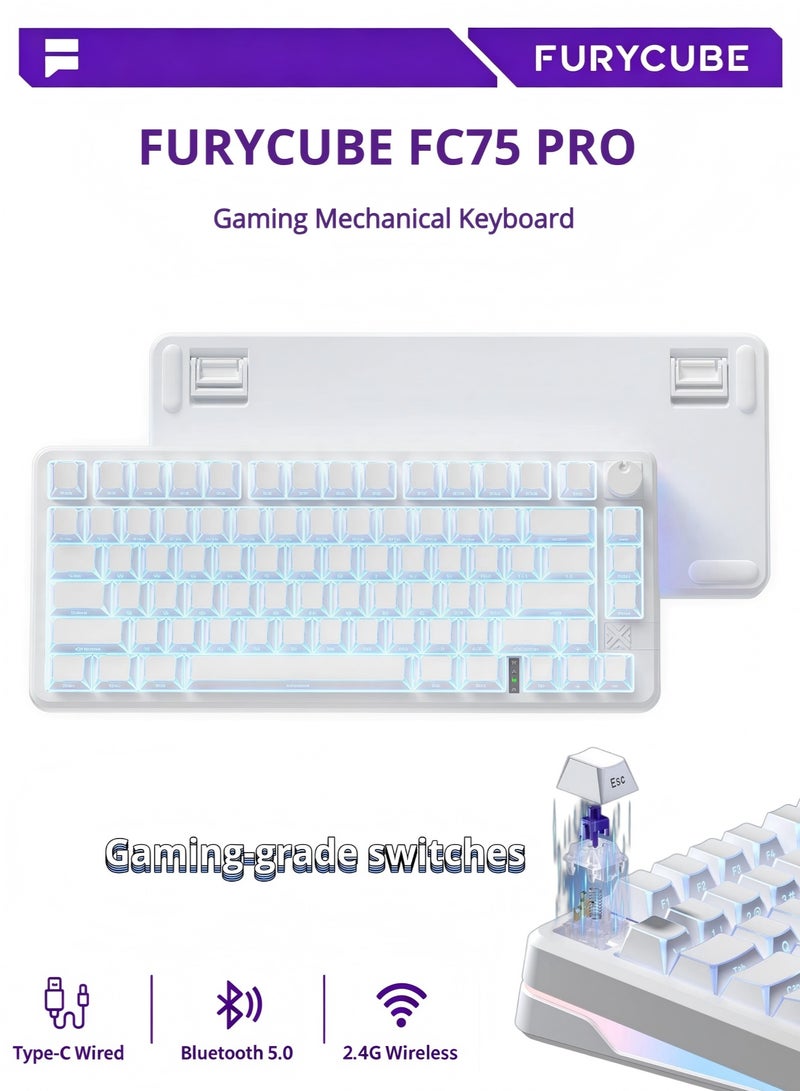 مكعب غاضب لوحة مفاتيح FC75 PRO الميكانيكية للألعاب مع إضاءة RGB، بثلاثة أوضاع اتصال: بلوتوث / لاسلكي 2.4 جيجاهرتز / سلكية عبر منفذ Type-C، بتصميم مدمج بنسبة 75% (80 مفتاحًا)، ومزودة بعجلة ذكية للتحكم، ومفاتيح من الفئة الأرجوانية (Purple Switch)، متوافقة مع أنظمة Windows وMac OS وAndroid. - Image 1