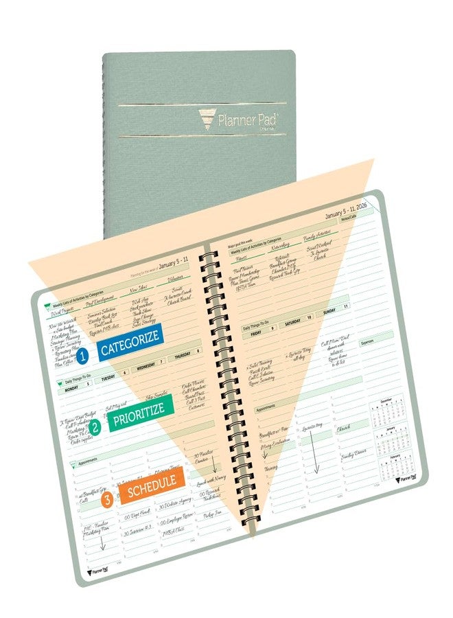 Planner Pad Spiral Bound January-December 2026/ Calender Year 6 3/4" x 8 1/2" Medium 3-Tier Funnel Down 12 Month Organizer, Greenish Grey Cover/Soft Green Ink - Image 1