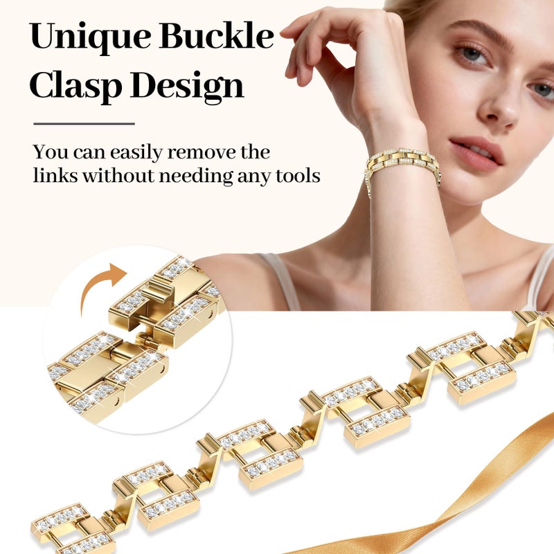 MOINSPIRE Gold Bling Diamond Clover Bands for Women Compatible with Apple Watch 40mm 38mm 41mm 42mm(S10/11) Lucky Cute Sparkle Dressy Bracelet Metal Strap for iWatch Series 11/10/9/8/7/6/5/4/SE 3/2/1 - Image 5