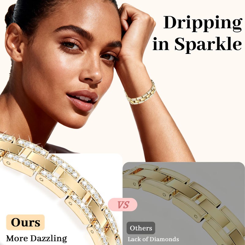 MOINSPIRE Gold Bling Diamond Clover Bands for Women Compatible with Apple Watch 40mm 38mm 41mm 42mm(S10/11) Lucky Cute Sparkle Dressy Bracelet Metal Strap for iWatch Series 11/10/9/8/7/6/5/4/SE 3/2/1 - Image 4
