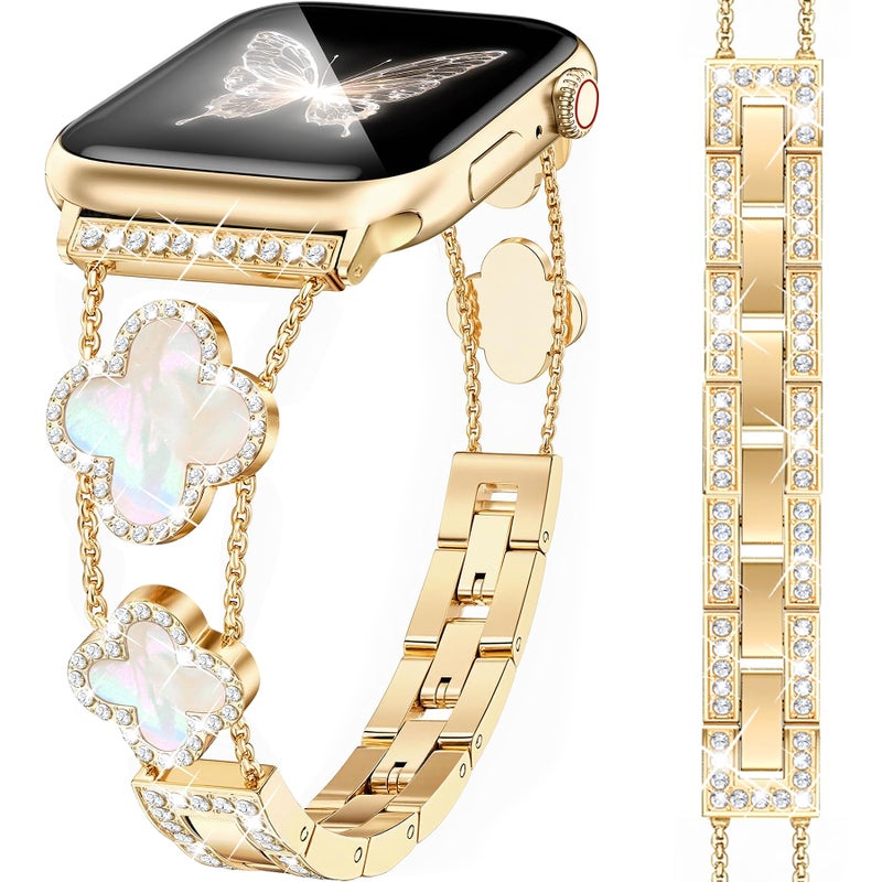 MOINSPIRE Gold Bling Diamond Clover Bands for Women Compatible with Apple Watch 40mm 38mm 41mm 42mm(S10/11) Lucky Cute Sparkle Dressy Bracelet Metal Strap for iWatch Series 11/10/9/8/7/6/5/4/SE 3/2/1 - Image 1