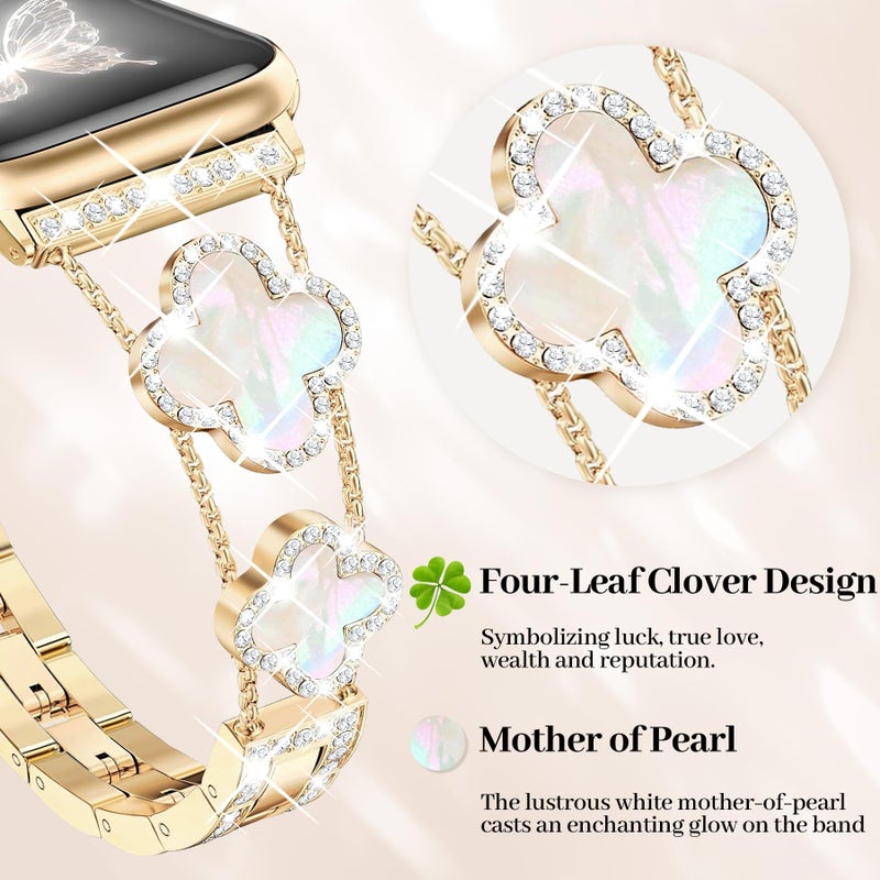 MOINSPIRE Gold Bling Diamond Clover Bands for Women Compatible with Apple Watch 40mm 38mm 41mm 42mm(S10/11) Lucky Cute Sparkle Dressy Bracelet Metal Strap for iWatch Series 11/10/9/8/7/6/5/4/SE 3/2/1 - Image 2
