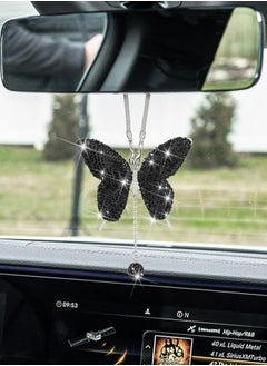 Car Hanging Ornament Car Hanging Pendant Butterfly Diamond Car Accessories, Crystal Car Rear View Mirror Charms for Women (Black)