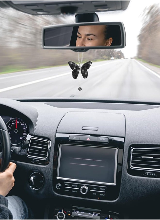 Bukela - Car Hanging Ornament Car Hanging Pendant Butterfly Diamond Car Accessories, Crystal Car Rear View Mirror Charms for Women (Black) - Image 1