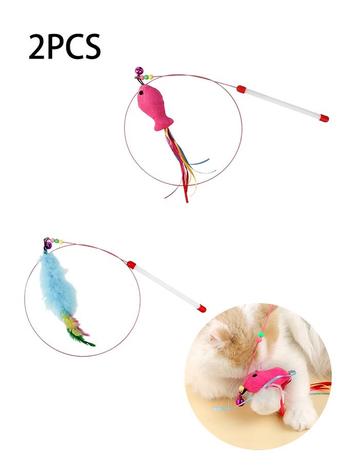 Cat Stick Toy – Interactive Cat Amusement Sticks, Realistic Fish Label Designs and Ribbons, and Blue Feathers, Suitable for Kittens and Pets, Perfect for Engaging in Playtime and Bonding（2PCS) - Image 1