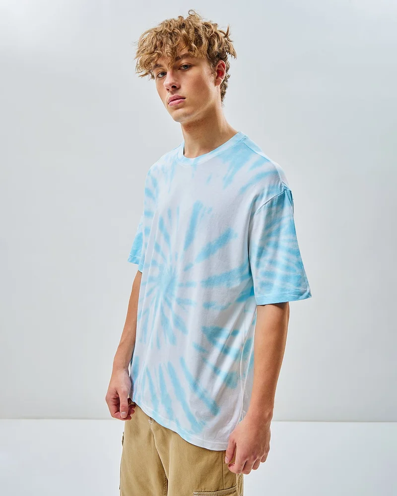 bewakoof Men's White & Blue Tie & Dye Oversized T-shirt