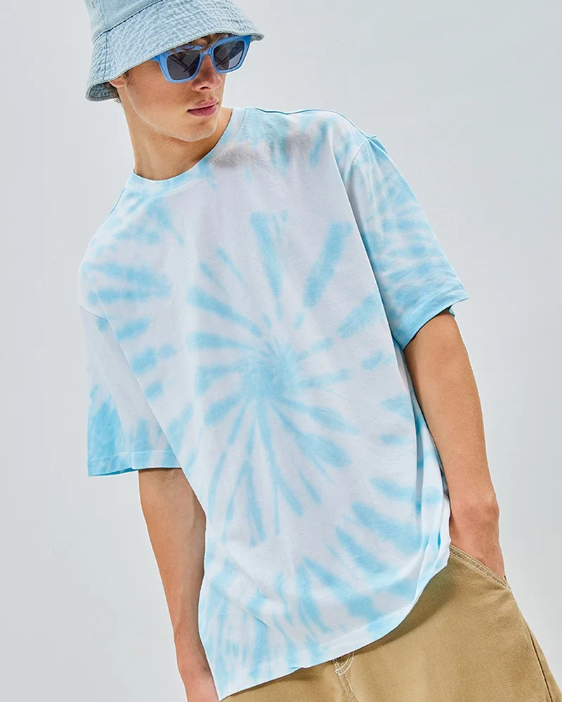 bewakoof Men's White & Blue Tie & Dye Oversized T-shirt