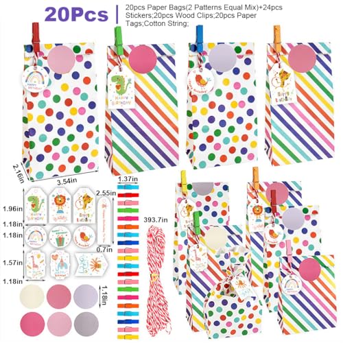HASTHIP® 20Pcs Paper Gift Bags Candy Gift Bags Color Dots Strips Gift Bags with Stickers, Colorful Wooden Clips, Cute Tags, 10m Cotton Cord, Colorful Paper Gift Bag for Party Favor, Wedding Favor - Image 2
