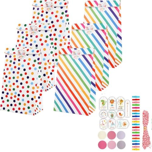 HASTHIP® 20Pcs Paper Gift Bags Candy Gift Bags Color Dots Strips Gift Bags with Stickers, Colorful Wooden Clips, Cute Tags, 10m Cotton Cord, Colorful Paper Gift Bag for Party Favor, Wedding Favor - Image 1