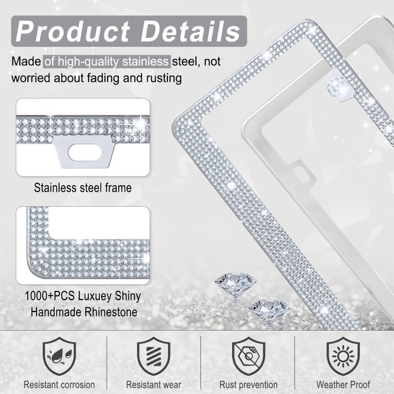 Amiss Bling License Plate Frame for Women, 2Pack Rhinestone Handcrafted Crystal Premium Stainless Steel, Stainless Steel Car Accessories with Diamond Sparkle Glitter Caps (White) - Image 3