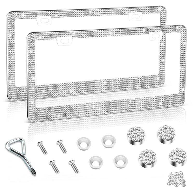 Amiss Bling License Plate Frame for Women, 2Pack Rhinestone Handcrafted Crystal Premium Stainless Steel, Stainless Steel Car Accessories with Diamond Sparkle Glitter Caps (White) - Image 1