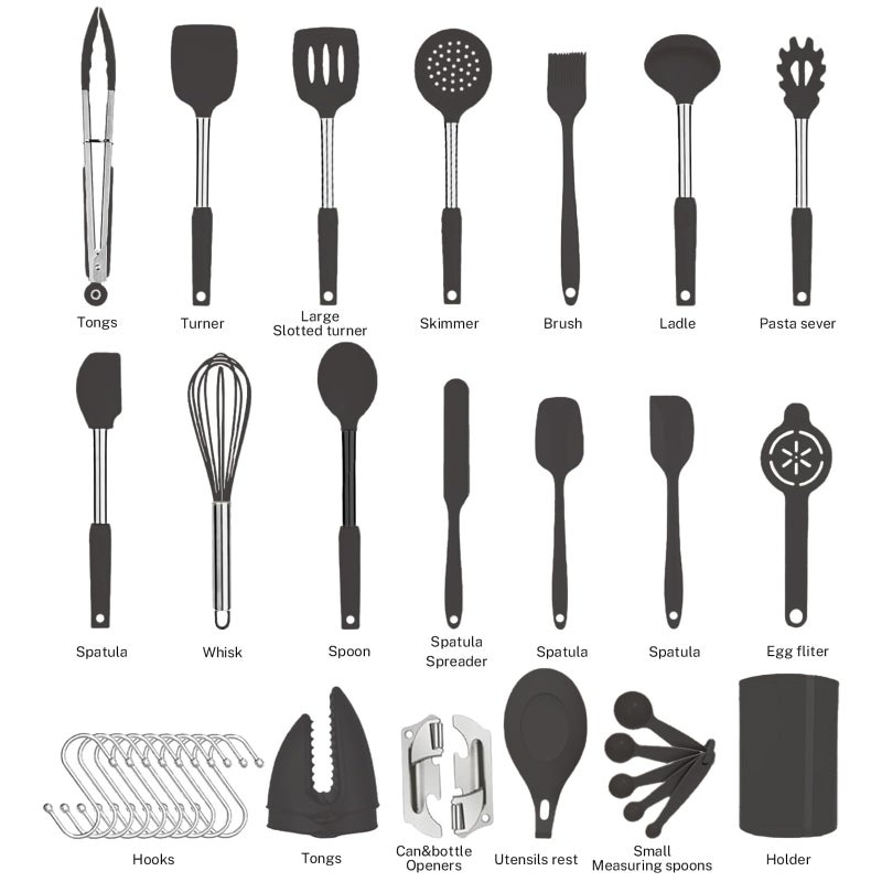 BECBOLDF Silicone Kitchen Cooking Utensils Set with Stainless Steel Handle, Spatula Set Utensil Set, Cooking Utensil Set,Kitchen Tools Gadgets for Nonstick Cookware (35, Black) - Image 4