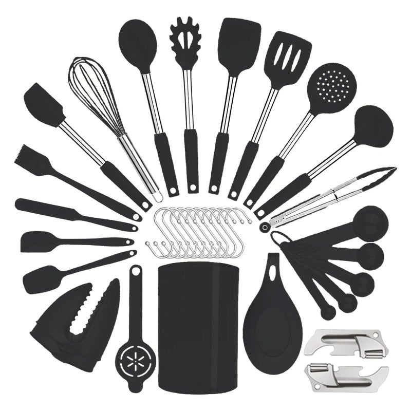 BECBOLDF Silicone Kitchen Cooking Utensils Set with Stainless Steel Handle, Spatula Set Utensil Set, Cooking Utensil Set,Kitchen Tools Gadgets for Nonstick Cookware (35, Black) - Image 1