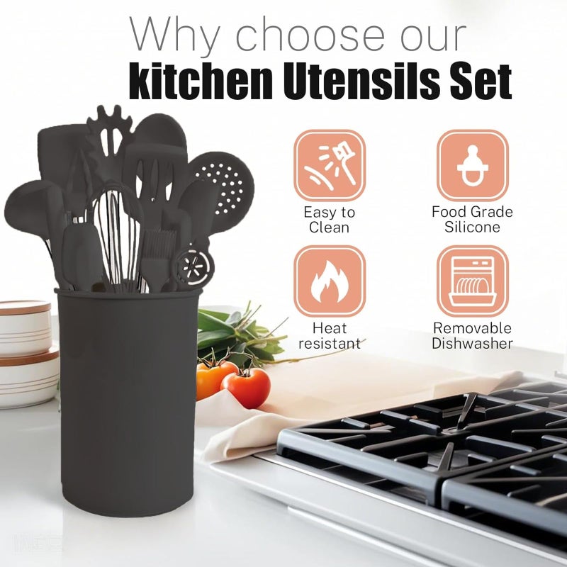 BECBOLDF Silicone Kitchen Cooking Utensils Set with Stainless Steel Handle, Spatula Set Utensil Set, Cooking Utensil Set,Kitchen Tools Gadgets for Nonstick Cookware (35, Black) - Image 5