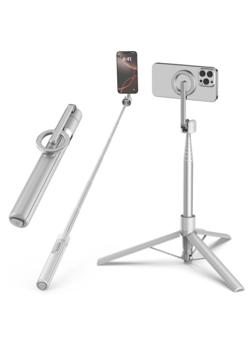 TONEOF 173cm/68in Magnetic Selfie Stick Tripod, Aluminum Strong Magnetic Phone Holder for Magsafe, 360° Rotatable Travel Phone Tripod Stand with Metal Ring&Rechargeable Remote for iPhone/Android-Beige Grey - Image 1
