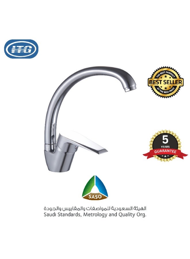 خلاط حوض المطبخ من ITG - مطلي بالكروم، مثبت على السطح، مزود بفوهة دوارة، ضمان لمدة 5 سنوات  - Image 1