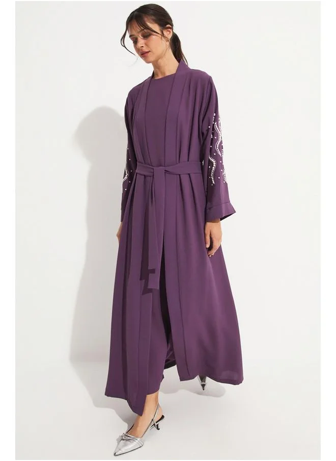 JUNE June Stone Detailed Flowy Abaya Purple