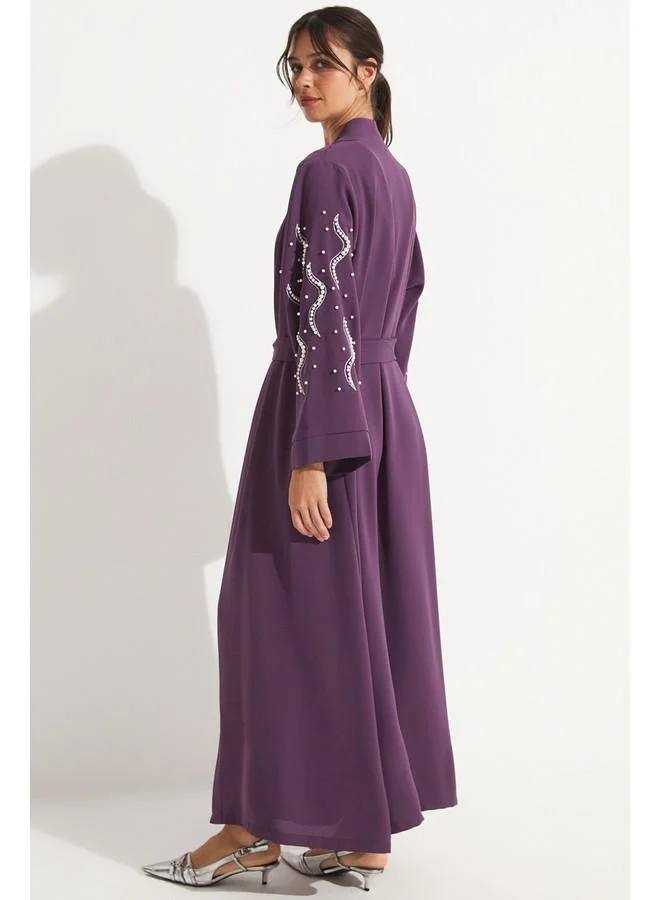 JUNE June Stone Detailed Flowy Abaya Purple