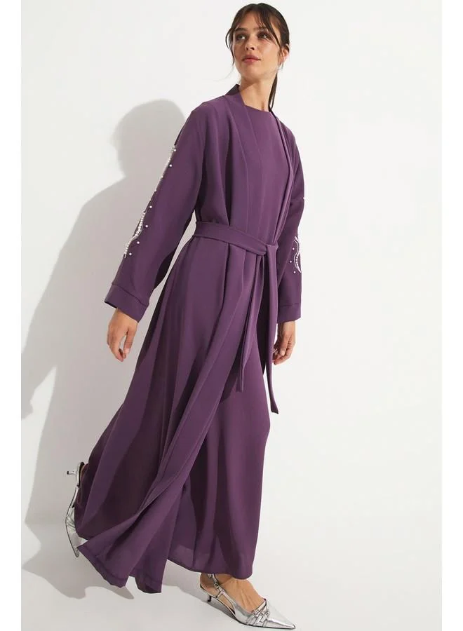 JUNE June Stone Detailed Flowy Abaya Purple