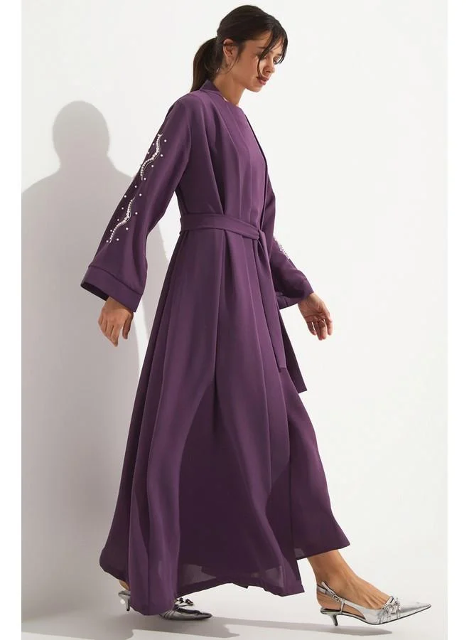 JUNE June Stone Detailed Flowy Abaya Purple