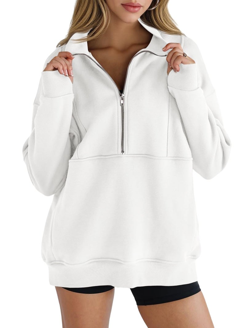 Fisoew Women's Half Zip Sweatshirts Fleece Stand Collar Long Sleeve Thumb Hole Oversized Pullovers with Pockets White - Image 1