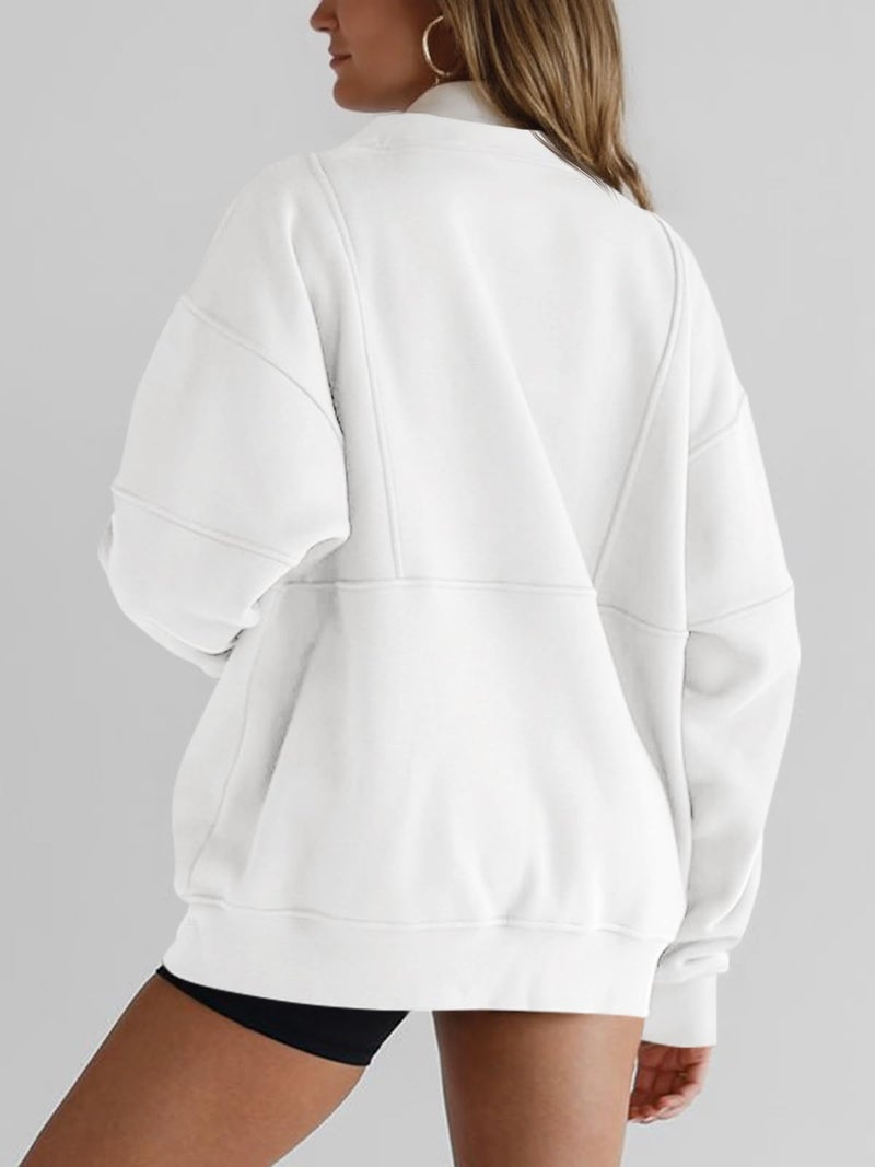 Fisoew Women's Half Zip Sweatshirts Fleece Stand Collar Long Sleeve Thumb Hole Oversized Pullovers with Pockets White - Image 4