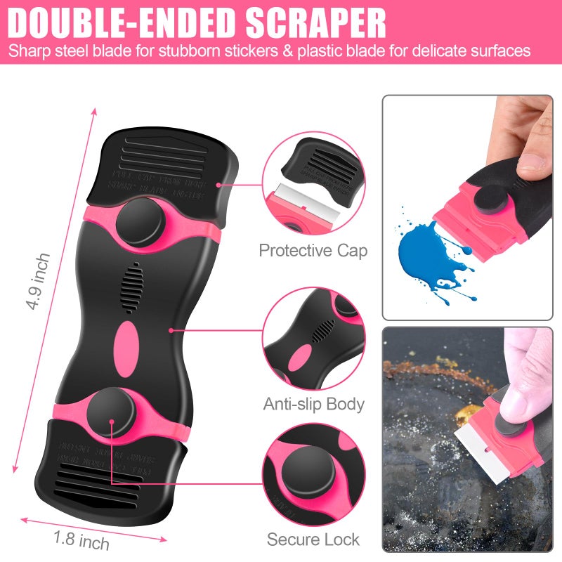 NECAMOCU 4 Pack Razor Blade Scraper, Premium Cleaning Scraper Tool with 50 PCS Metal & Plastic Razor Blades, Multi-Purpose Glass Scraper for Windows, Sticker, Decals, Cooktop, Paint Removal (Pink) - Image 3