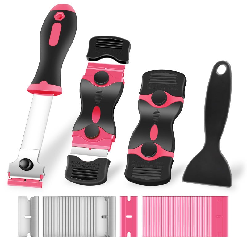 NECAMOCU 4 Pack Razor Blade Scraper, Premium Cleaning Scraper Tool with 50 PCS Metal & Plastic Razor Blades, Multi-Purpose Glass Scraper for Windows, Sticker, Decals, Cooktop, Paint Removal (Pink) - Image 1