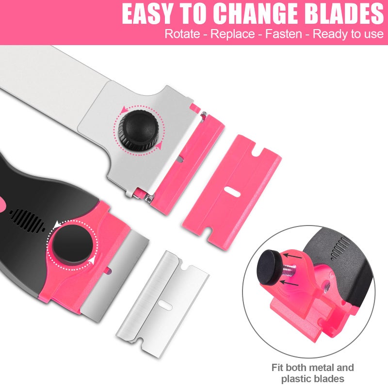 NECAMOCU 4 Pack Razor Blade Scraper, Premium Cleaning Scraper Tool with 50 PCS Metal & Plastic Razor Blades, Multi-Purpose Glass Scraper for Windows, Sticker, Decals, Cooktop, Paint Removal (Pink) - Image 5