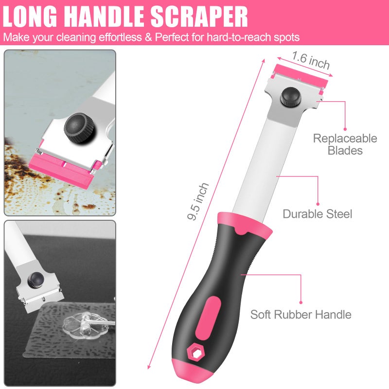 NECAMOCU 4 Pack Razor Blade Scraper, Premium Cleaning Scraper Tool with 50 PCS Metal & Plastic Razor Blades, Multi-Purpose Glass Scraper for Windows, Sticker, Decals, Cooktop, Paint Removal (Pink) - Image 2