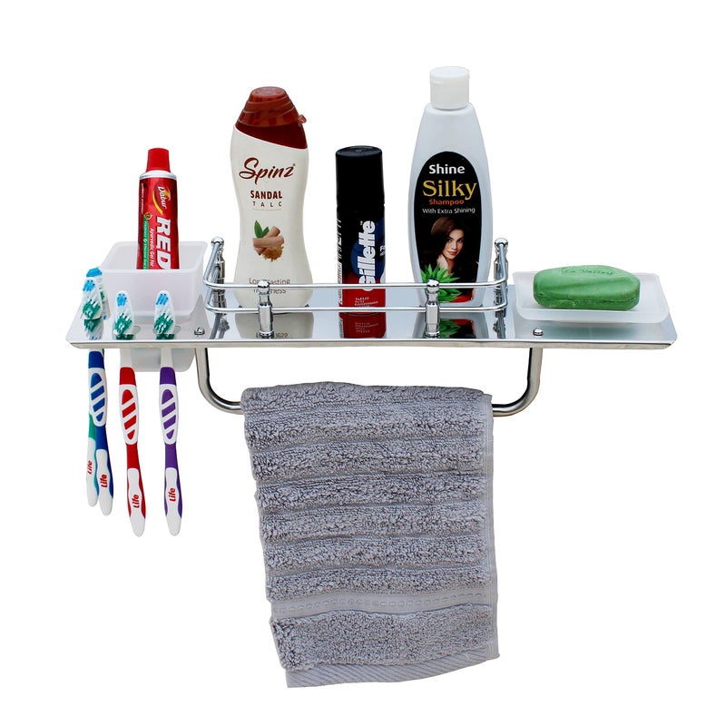 STONE STONE Stainless Steel 5 in 1 Multipurpose Bathroom Shelf with Soap Case and Tumbler Holder- Bathroom Rack - Soap Dish -Toothbrush Holder - Towel Hanger Rod - Bathroom Accessories (17 Inch) - Image 4