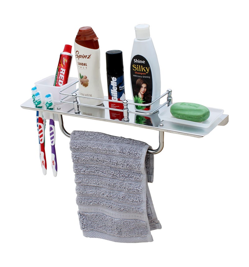 STONE STONE Stainless Steel 5 in 1 Multipurpose Bathroom Shelf with Soap Case and Tumbler Holder- Bathroom Rack - Soap Dish -Toothbrush Holder - Towel Hanger Rod - Bathroom Accessories (17 Inch) - Image 1