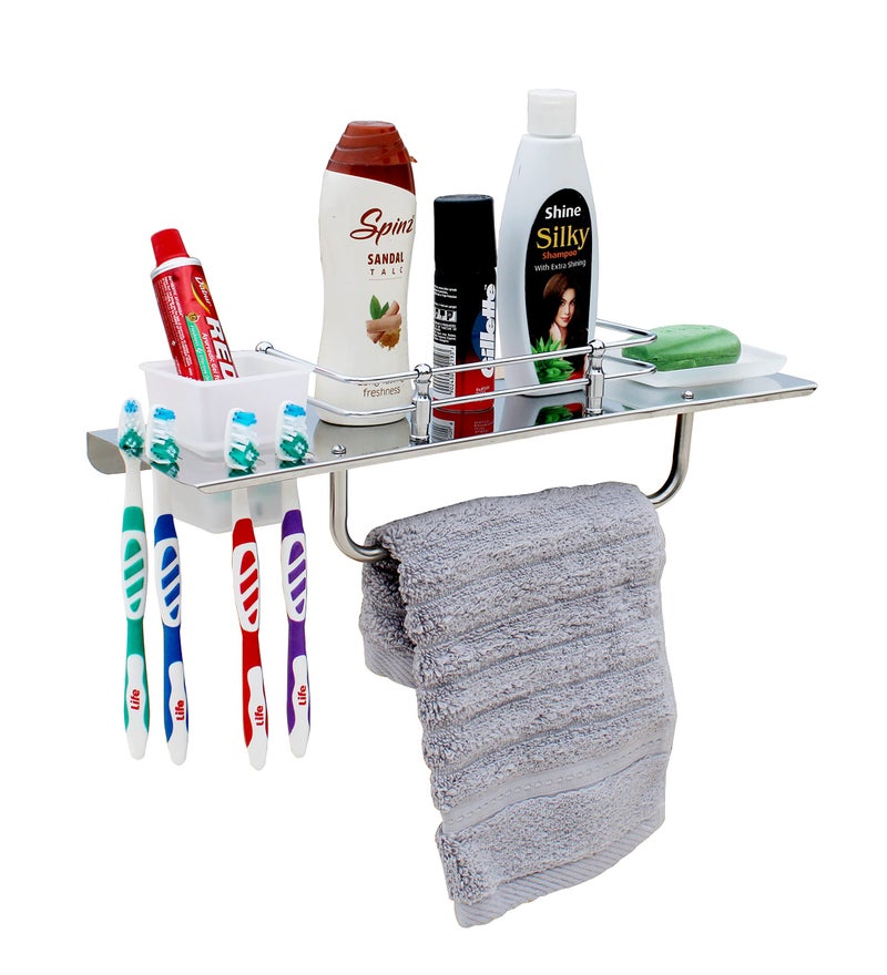 STONE STONE Stainless Steel 5 in 1 Multipurpose Bathroom Shelf with Soap Case and Tumbler Holder- Bathroom Rack - Soap Dish -Toothbrush Holder - Towel Hanger Rod - Bathroom Accessories (17 Inch) - Image 5