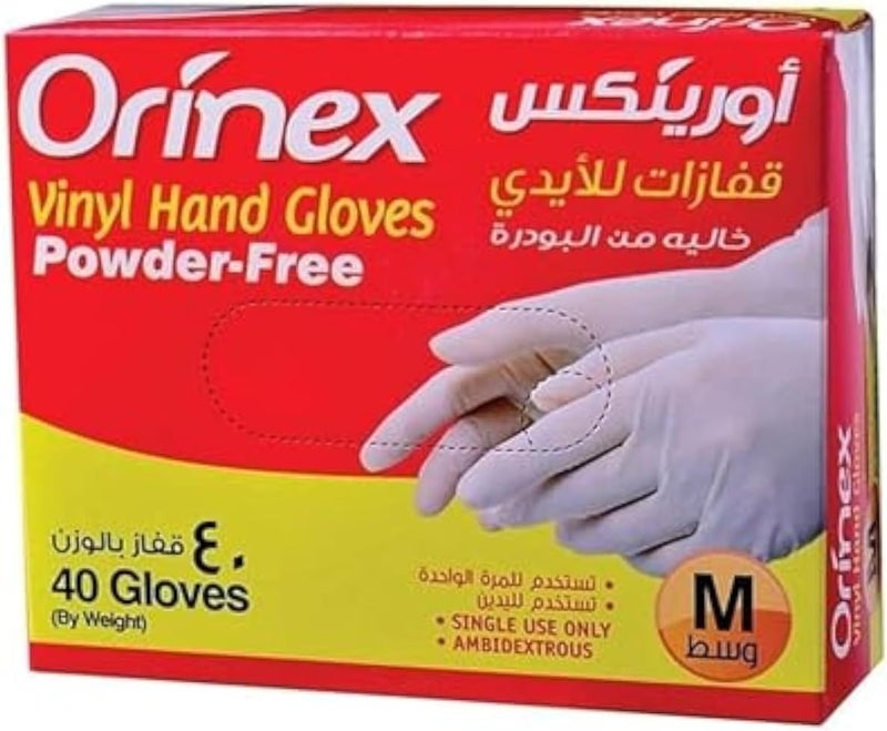 قفازات أورينكس الفينيلية الخالية من البودرة، مقاس متوسط، 40 قطعة، أبيض