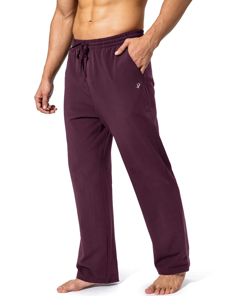 Pudolla Men's Cotton Yoga Sweatpants Athletic Lounge Pants Open Bottom Casual Jersey Pants for Men with Pockets (Wine Red Large) - Image 2