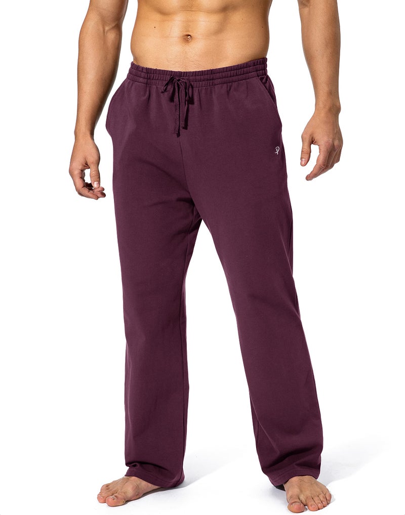 Pudolla Men's Cotton Yoga Sweatpants Athletic Lounge Pants Open Bottom Casual Jersey Pants for Men with Pockets (Wine Red Large) - Image 1