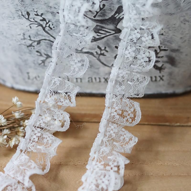 Labriciyon White 10 Meters Pleated Organza Lace Edge Gathered Mesh Trim Ribbon 2 cm Width Vintage Style Edging Trimmings Fabric Embroidered Applique Sewing Craft Wedding Bridal Dress Embellishment DIY Decor - Image 1