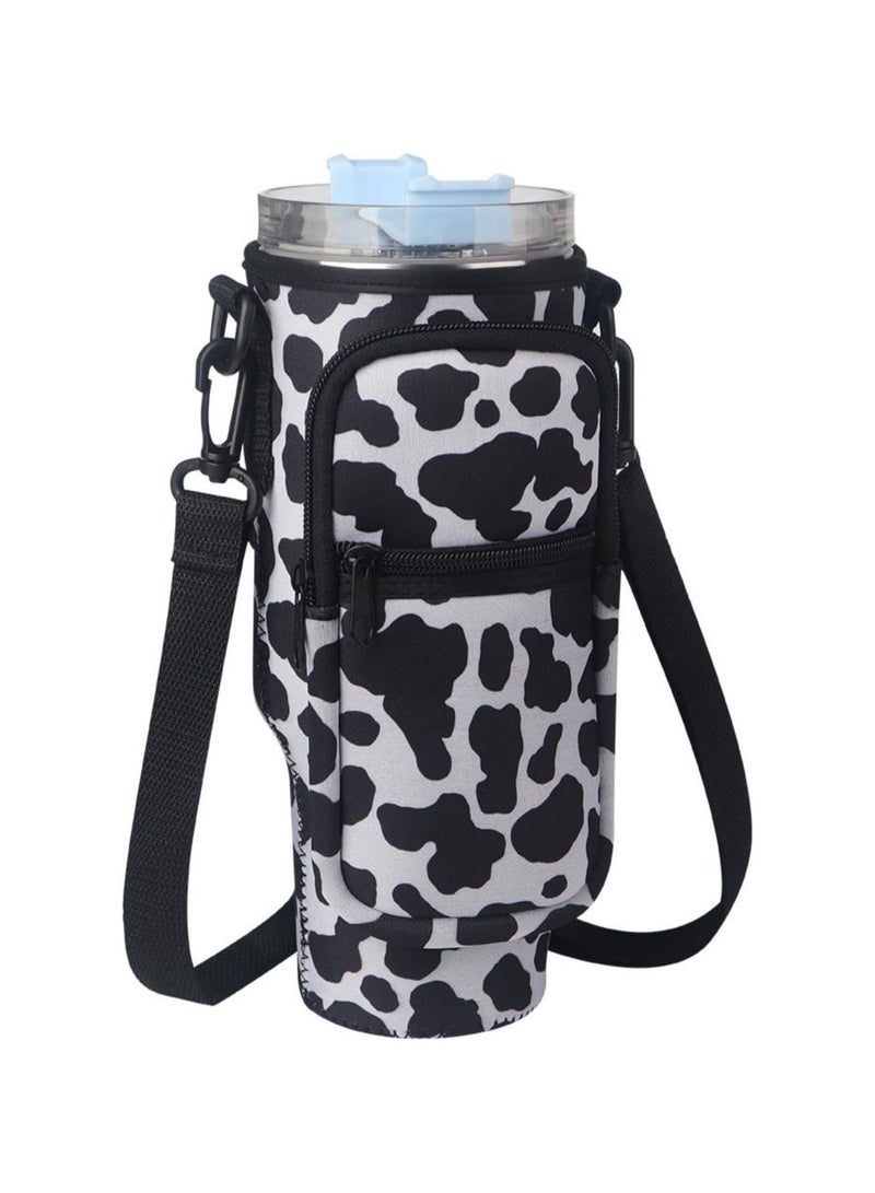 KASTWAVE Water Bottle Carrier Bag for Stanley 40 Oz Tumbler, Water Bottle Holder with Adjustable Shoulder Strap and Phone Pocket, Bottle Handbags for Walking Hiking Travelling, Cow Print  - Image 1
