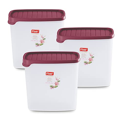FLAIR Plastic Smart Rectangle Dry Storage Container 2000 ML Maroon (SET OF 3), Modular Kitchen, for Flour, Cereals, Snacks, Stackable, BPA Free - Image 1