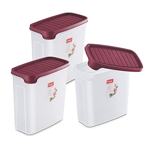 FLAIR Plastic Smart Rectangle Dry Storage Container 2000 ML Maroon (SET OF 3), Modular Kitchen, for Flour, Cereals, Snacks, Stackable, BPA Free - Image 2