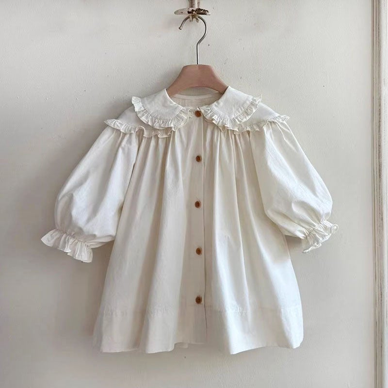 Girls Ins Korean Style Spring New Arrival dress Korean Style Cute Loose Puff Sleeve Baby Girl Doll Shirt Dress White