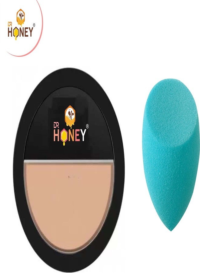 DR HONEY بودرة دكتور هوني المضغوطة تغطية كاملة قابلة للمزج عادية إلى دهنية 222 بيج طبيعي مع إسفنجة مكياج بلندر ناعمة - Image 2