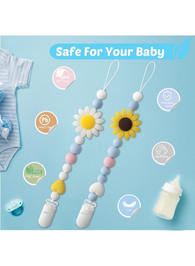 LSTRAGY Silicone Pacifier Clip, 2 Pack Pacifier Holder for Boys and Girls, Adorable Sunflower Pacifier Clips Fits for Most Pacifier, Baby Teethers, Baby Shower and Baby Gift(White&Yellow) - Image 3