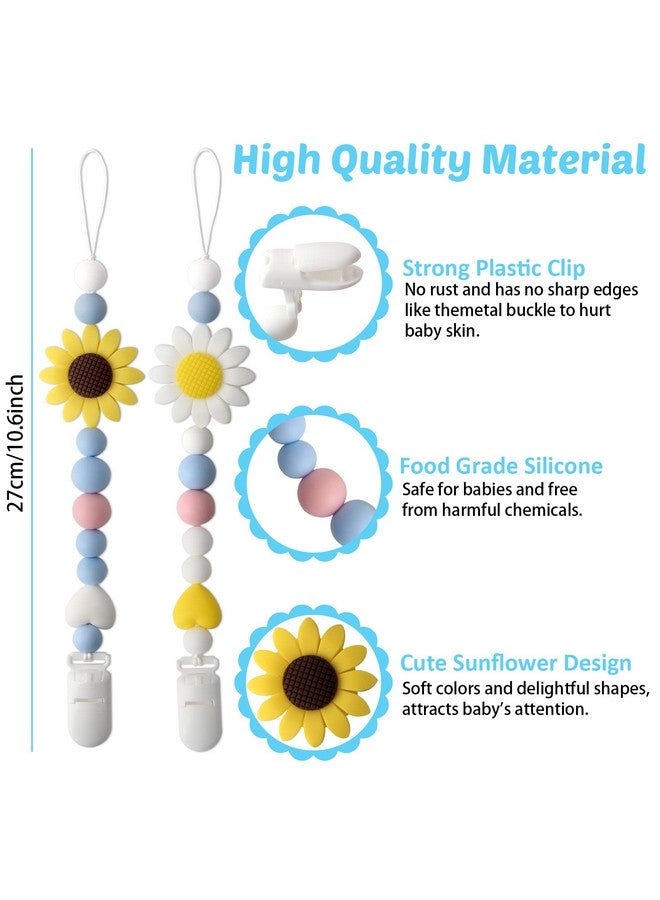 LSTRAGY Silicone Pacifier Clip, 2 Pack Pacifier Holder for Boys and Girls, Adorable Sunflower Pacifier Clips Fits for Most Pacifier, Baby Teethers, Baby Shower and Baby Gift(White&Yellow) - Image 4