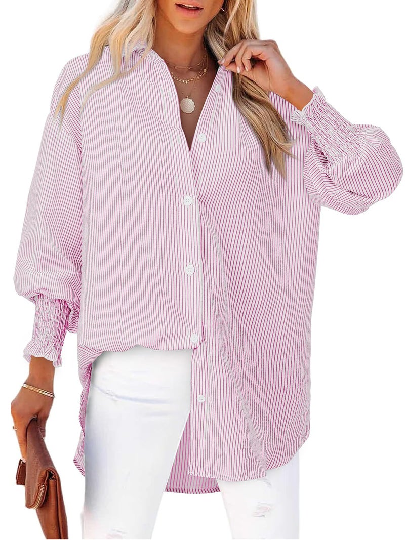Gleeivy Pink Striped Shirt V Neck Button Up French Long Sleeve Work Casual Spring Ladies Button Down Shirts and Blouses Boyfriends Shirt Oversized High Low Hem Tunic Tops for Leggings Loose Fit - Image 1