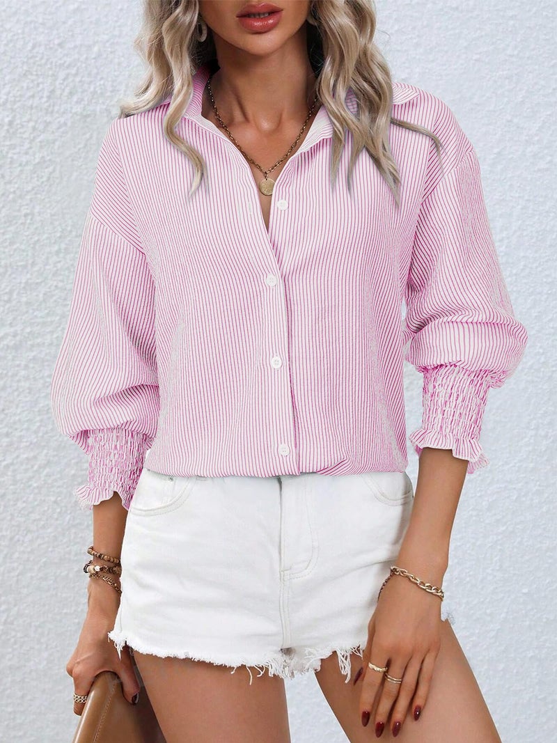 Gleeivy Pink Striped Shirt V Neck Button Up French Long Sleeve Work Casual Spring Ladies Button Down Shirts and Blouses Boyfriends Shirt Oversized High Low Hem Tunic Tops for Leggings Loose Fit - Image 2