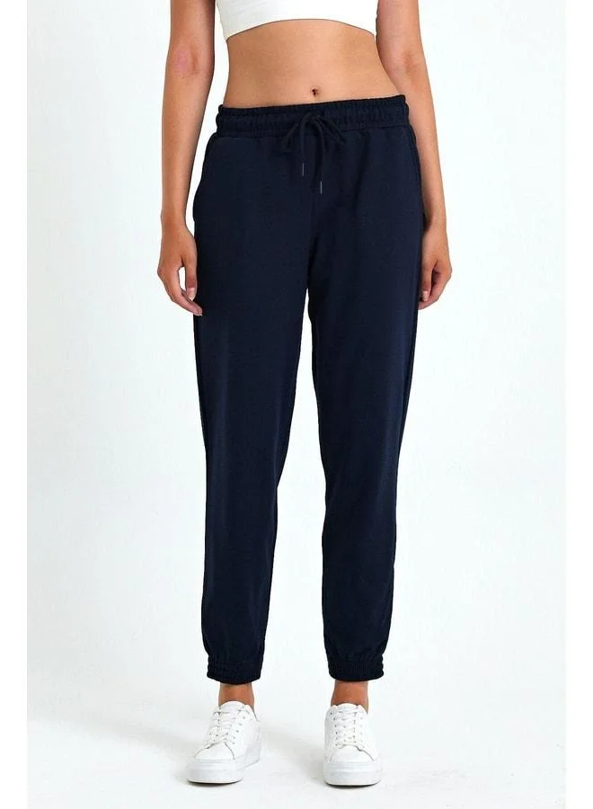 Mmetalic Women's Navy Cotton High-Waisted Jogger Sweatpants with Thick Elastic Cuffs for a Comfortable Fit