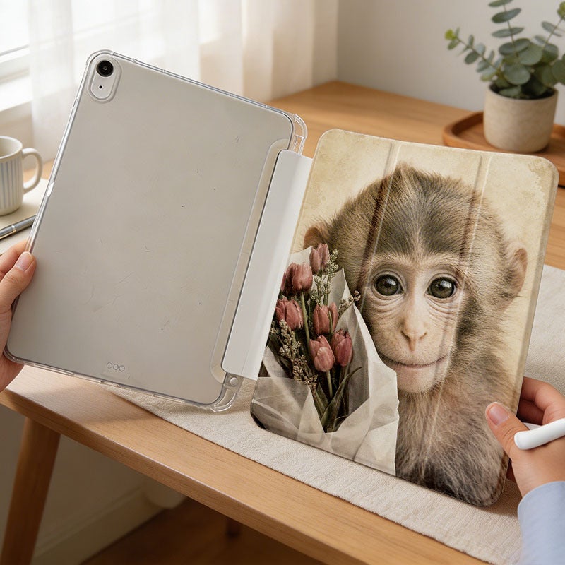 Tablet Case for iPad, Monkey With Paper Flower Bouquet, iPad Case Cover for Mini Air Pro 4 5 6 7 8 9 10 11 12, Suitable for 7.9 8.3 9.7 10.2 10.5 10.9 11 12.9 13 inch Shockproof Anti-Scratch Clear with Stand - Image 3