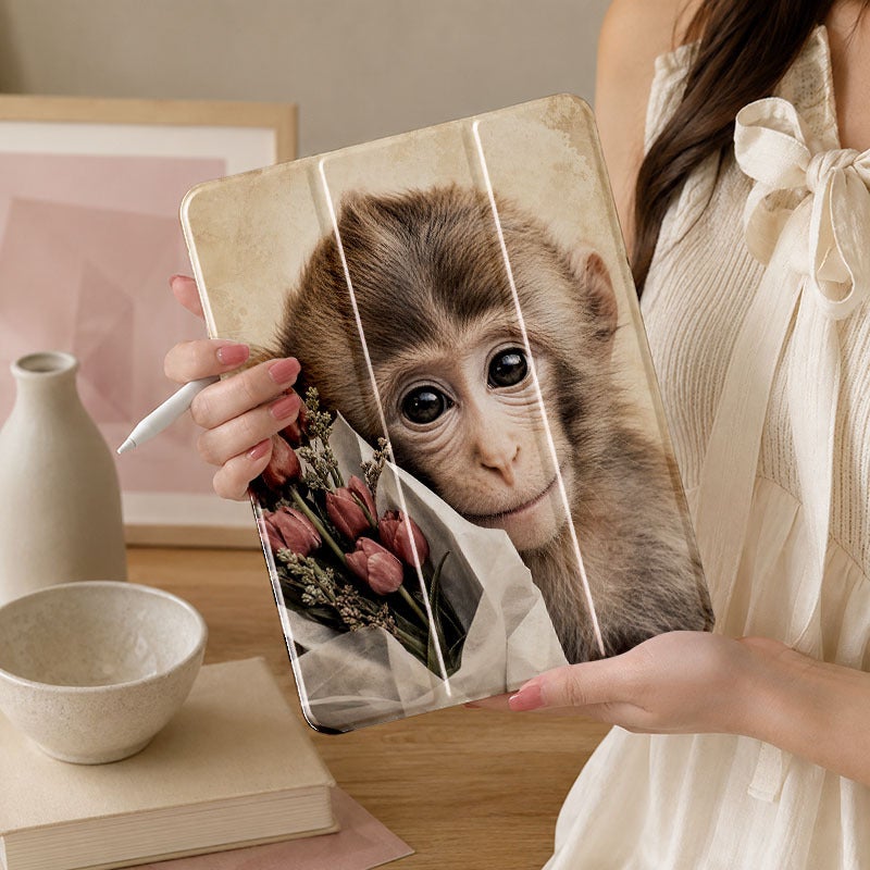 Tablet Case for iPad, Monkey With Paper Flower Bouquet, iPad Case Cover for Mini Air Pro 4 5 6 7 8 9 10 11 12, Suitable for 7.9 8.3 9.7 10.2 10.5 10.9 11 12.9 13 inch Shockproof Anti-Scratch Clear with Stand - Image 1